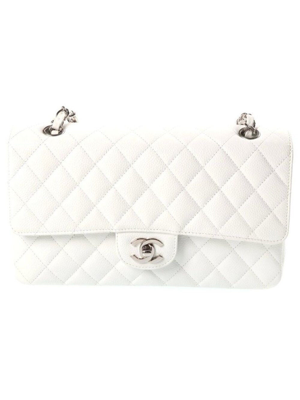 Chanel 25 Caviar Leather Double Flap Chain Shoulder Bag Silver White